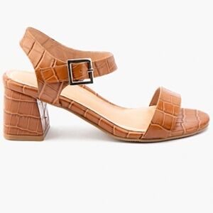 London Rebel open toe heeled sandal cognac brown patent leather croc embossed 7